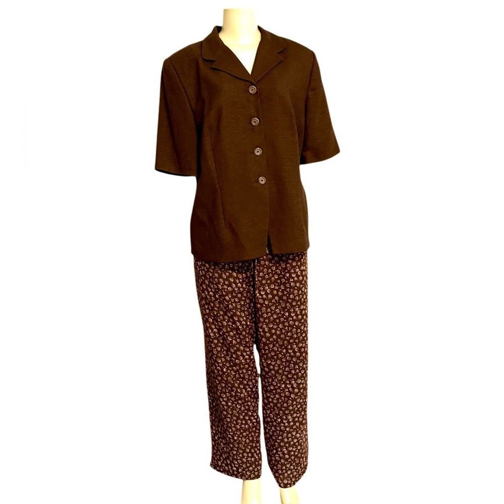 Lord & Taylor Women's Button Down Brown Jacket with Floral Print Pant Set